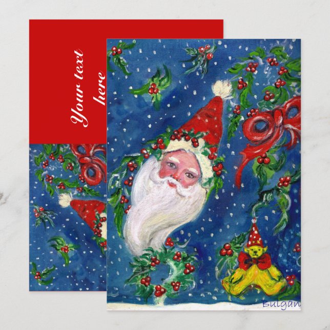 Invitación SANTA, HOLLYBERRY CROWNS, NAVIDADES FIESTA Azul Ro (Anverso / Reverso)