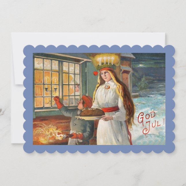 Invitación Santa Lucía y un niño entregando panes de azafrán (Anverso)