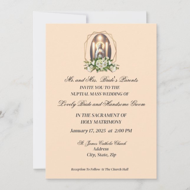 Invitación Santa María De Blanco Con Rosas Blancas Católica (Anverso)