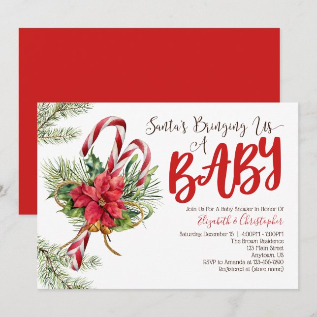 Invitación Santa nos trae un Navidad de bebés Baby Shower (Anverso / Reverso)