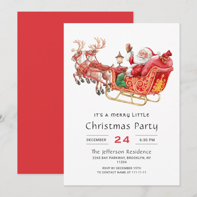 Invitación Santa Sleigh Holiday Feliz Navidad Pequeño Fiesta (Anverso / Reverso)