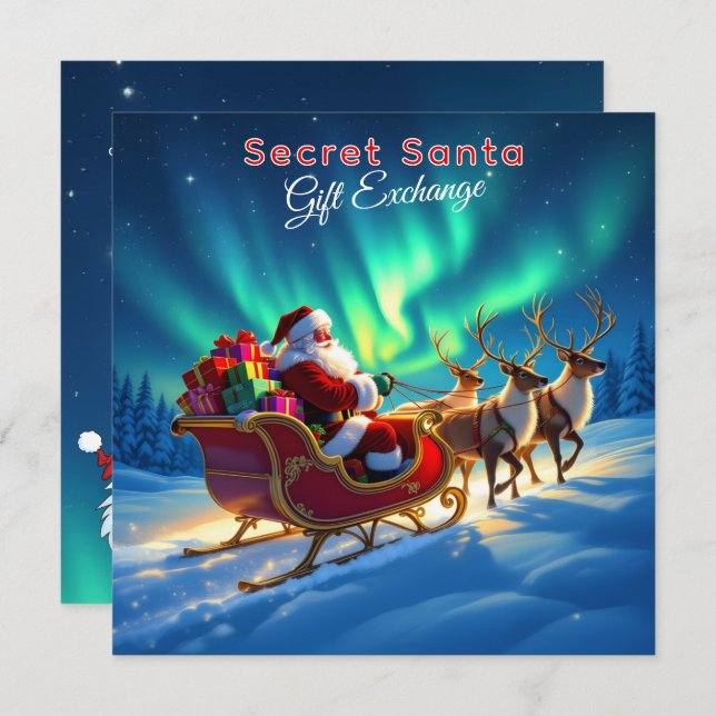 Invitación Santa Sleigh & Northern Lights Secret Santa Party (Anverso / Reverso)