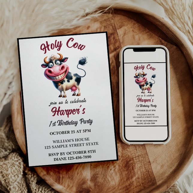 Invitación ¡Santa Vaca! 1er Cumpleaños | Primer Cumpleaños de (Holy Cow! 1st Birthday | Animal First Birthday Invitation
)