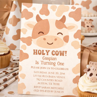 Invitación Santa Vaca Cumplo Un Año Cumpleaños Granja Animal
