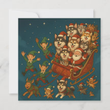 Santa with joyous pups and elves!