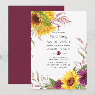 Invitación Santa y Flor de Ciruelo Burgundy Santa Comunión