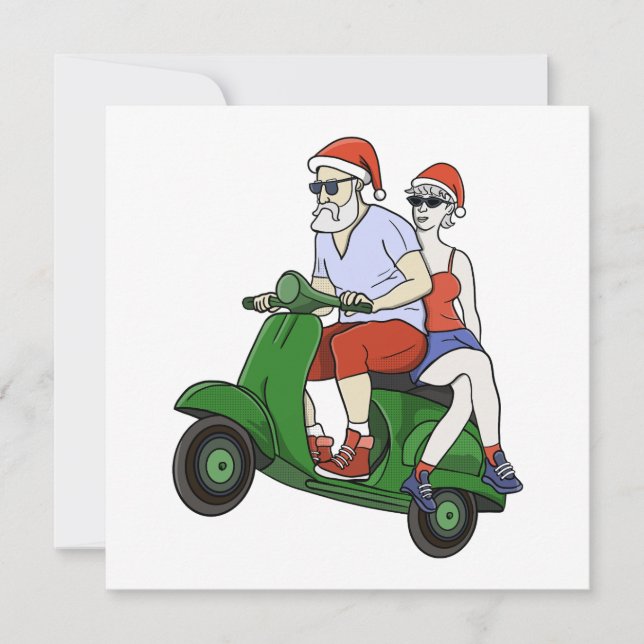 Invitación Santa y la Sra. Claus montando un scooter (Anverso)