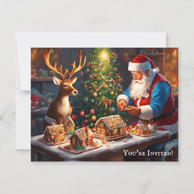 Invitación Santa y los renos hacen casa de pan de jengibre (Anverso)