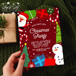 Invitación Santa y Snowman, Fiesta de Navidades rojos<br><div class="desc">Invite a sus Navidades fiestas con esta encantadora invitación roja de vacaciones que incluye a Santa Claus,  muñeco de nieve,  regalos,  dulces,  árboles de Navidad,  adornos,  un nevado marco fronterizo y un lindo patrón en la parte trasera.</div>