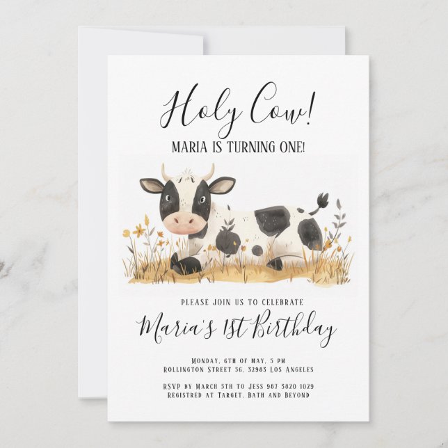 Invitación Santísima Cow Watercolor Birday Party (Anverso)