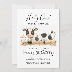 Invitación Santísima Cow Watercolor Birday Party