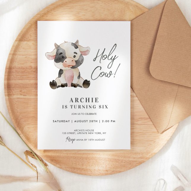 Invitación Santísima Cow Watercolor Ilustracion fiesta de cum (Holy Cow Birthday party invitation template digital or printed, farm cowboy invite party )