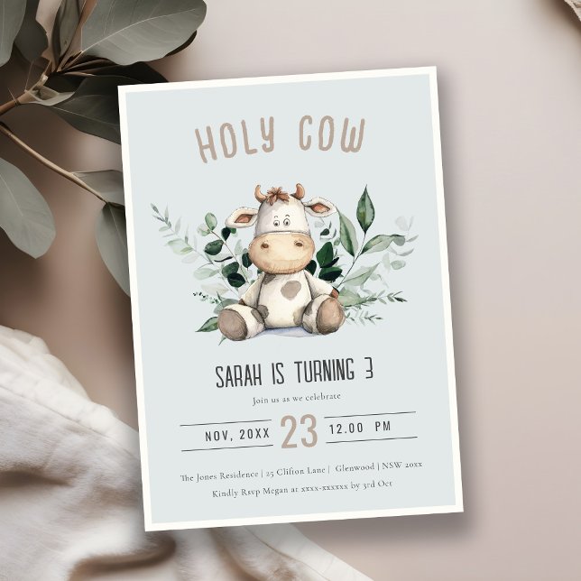 Invitación Santísima Vaca Foliage Pastel Dusky Niños Azules C (Subido por el creador)