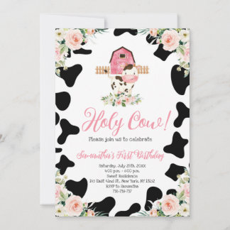 Invitación Santísima Vaca Pink Floral Primera Fiesta de Cumpl