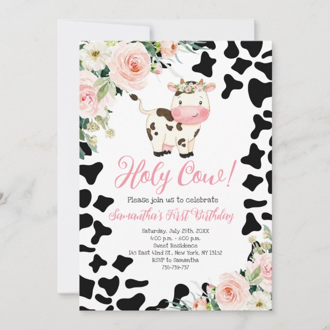 Invitación Santísima Vaca Pink Floral Primera Fiesta de Cumpl (Anverso)