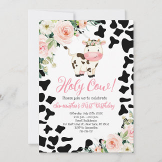 Invitación Santísima Vaca Pink Floral Primera Fiesta de Cumpl