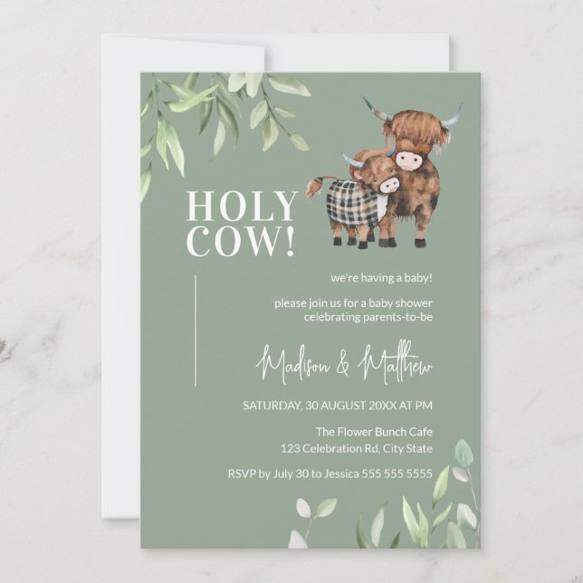 Invitación Santísima Vaca Verdor Highland Cow Baby Shower (Anverso)