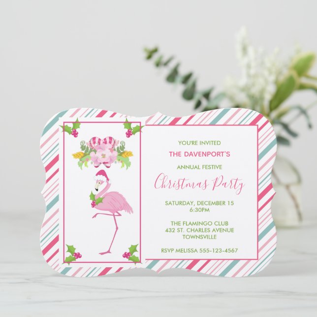 Invitación Santo de Flamingo Rosa Caramelos y Acebo (Anverso de pie)