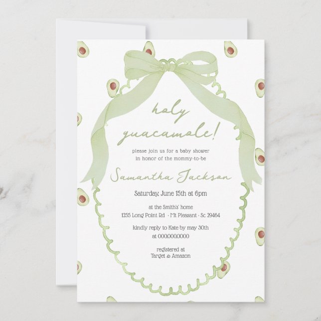 Invitación Santo Guacamole Aguacate Neutral Bow Baby Shower (Anverso)