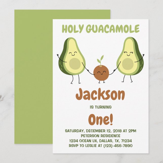 Invitación Santo Guacamole Fiesta de Cumpleaños de Aguacate (Anverso / Reverso)