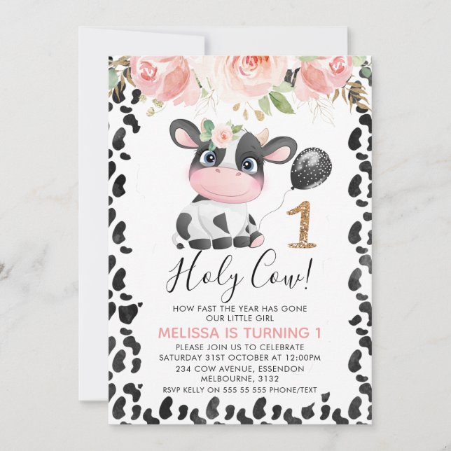 Invitación Santo Oro Floral Rosa de Vaca Primer Cumpleaños (Anverso)