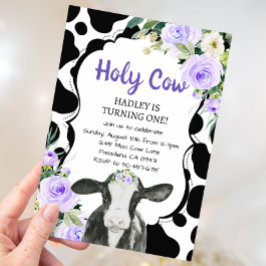Invitación Santo Vaca morada floral Soy un Chica primer cumpl