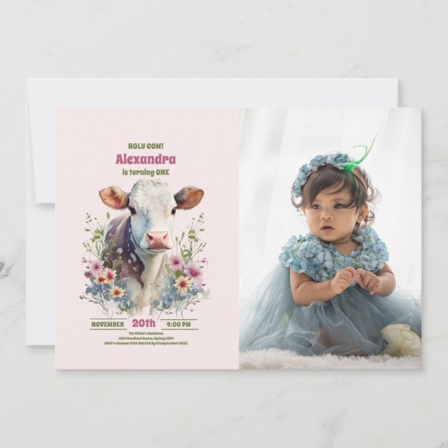 Invitación Santo Vaca Soy un Chica de Vaca Primer cumpleaños (Anverso)