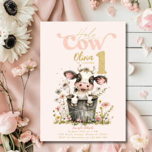 Invitación Santo Vaca Soy un Chica Vaca Rosa Primer Cumpleaño