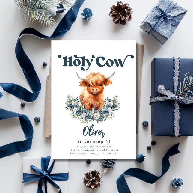 Invitación Santo Vaca Soy un chico de vaca de la región monta (Holy Cow Birthday Invitation for Boys)