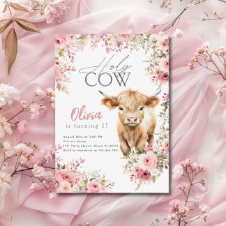 Invitación Santo Vaca Soy un cumpleaños floral rosado de vaca