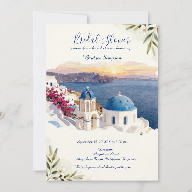Invitación Santorini Blue Destination despedida de soltera (Anverso)