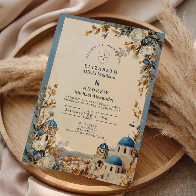 Invitación Santorini Blue Dome Botanical Wedding (Subido por el creador)