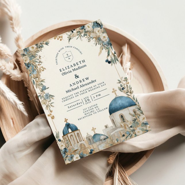 Invitación Santorini Blue Domes Botanical Wedding (Subido por el creador)