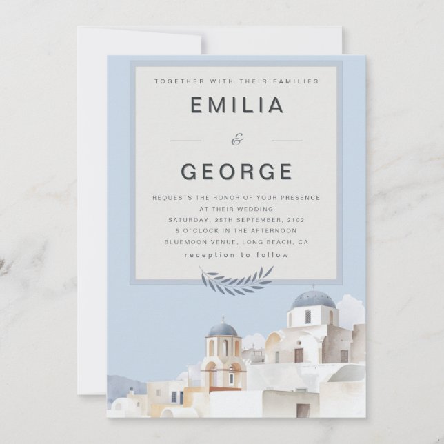 Invitación Santorini Destination Wedding | Blue & White  (Anverso)