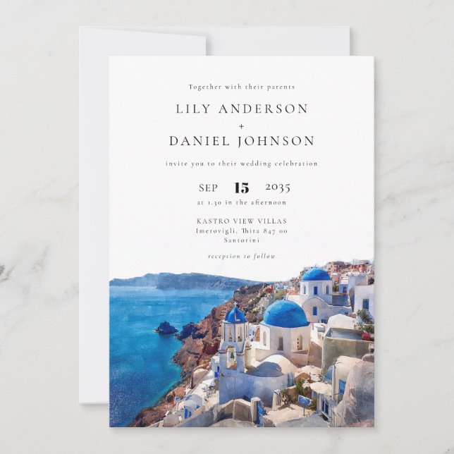 Invitación Santorini Grecia Destino Todo En Un Boda (Anverso)