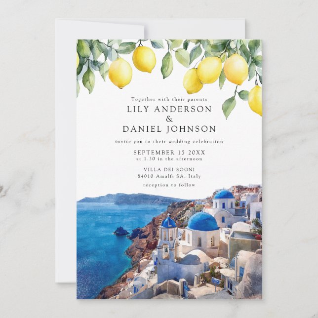 Invitación Santorini Greece Lemons Wedding (Anverso)