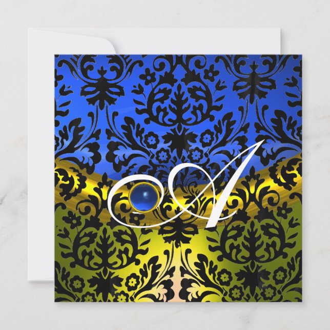 INVITACIÓN SAPPHIRE AZUL AMARILLO NEGRO DAMASK MONOGRAM (Anverso)