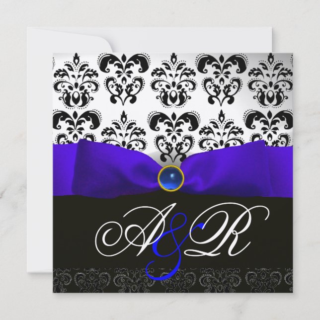 INVITACIÓN SAPPHIRE AZUL RIBBON BLANCO DAMASK MONOGRAM (Anverso)