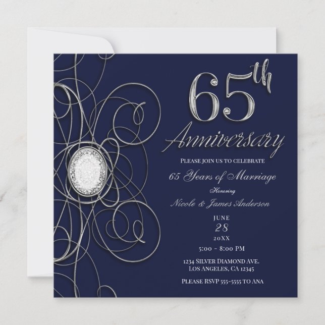 Invitación Sapphire Azul y Diamante Plateado 65 65º Aniversar (Anverso)