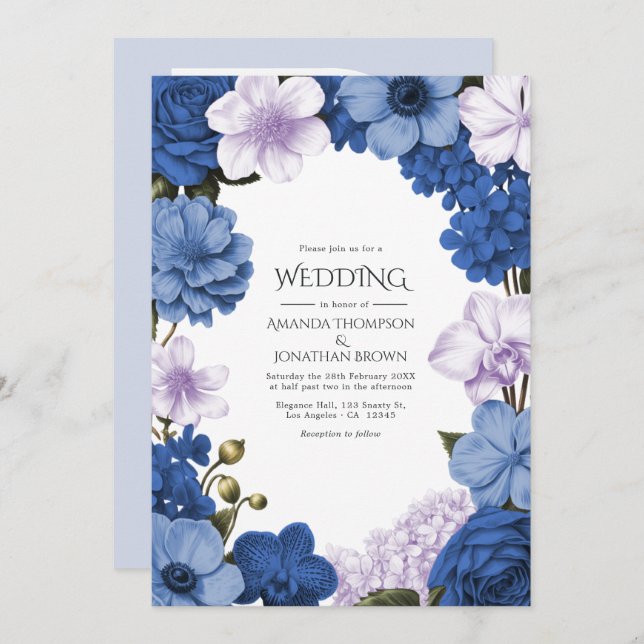 Invitación Sapphire Bloom , Cornflower Glow & Soft Shell (Anverso / Reverso)