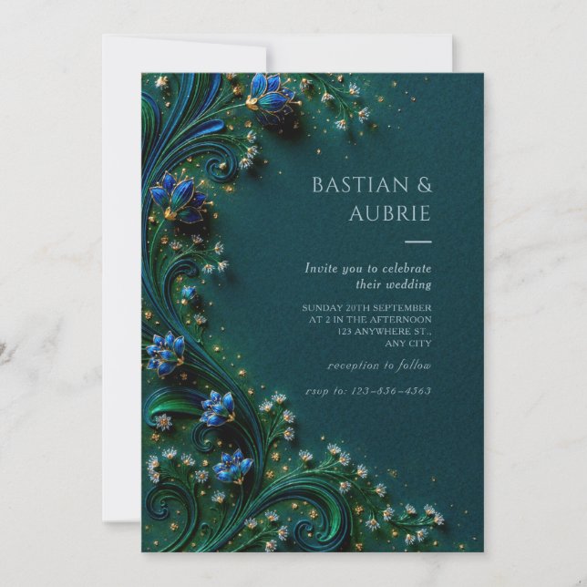 Invitación Sapphire Bloom Emerald Wedding (Anverso)