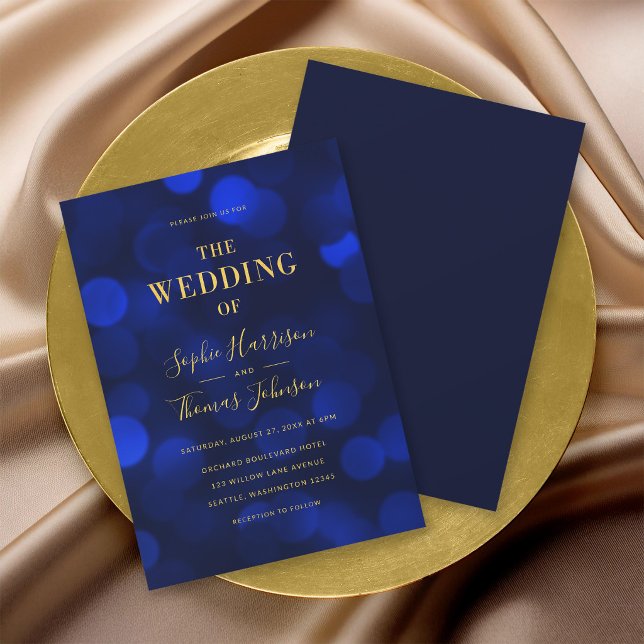 Invitación Sapphire Blue Bokeh ilumina a Boda de oro falso (Subido por el creador)