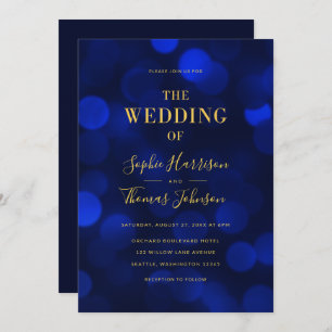 Invitación Sapphire Blue Bokeh ilumina a Boda de oro falso