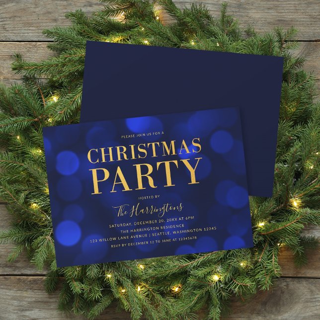 Invitación Sapphire Blue Bokeh ilumina a Fiesta de Navidades  (Subido por el creador)