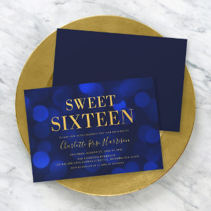Invitación Sapphire Blue Bokeh Ilumina Dulce Dieciséis Cumple