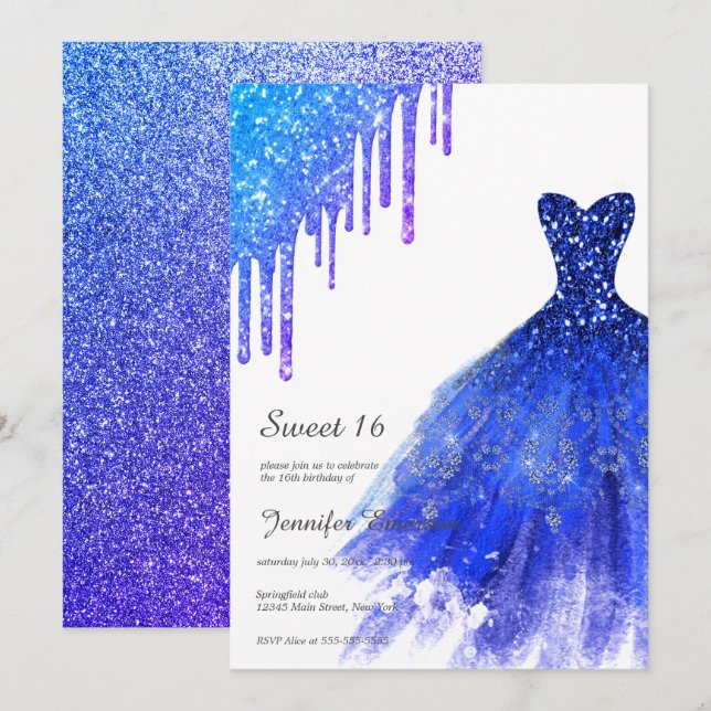 Invitación Sapphire Blue Dress Purpurina Dris Dulce Dieciséis (Anverso / Reverso)