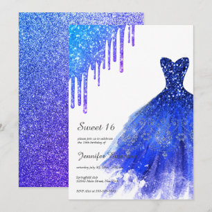 Invitación Sapphire Blue Dress Purpurina Dris Dulce Dieciséis
