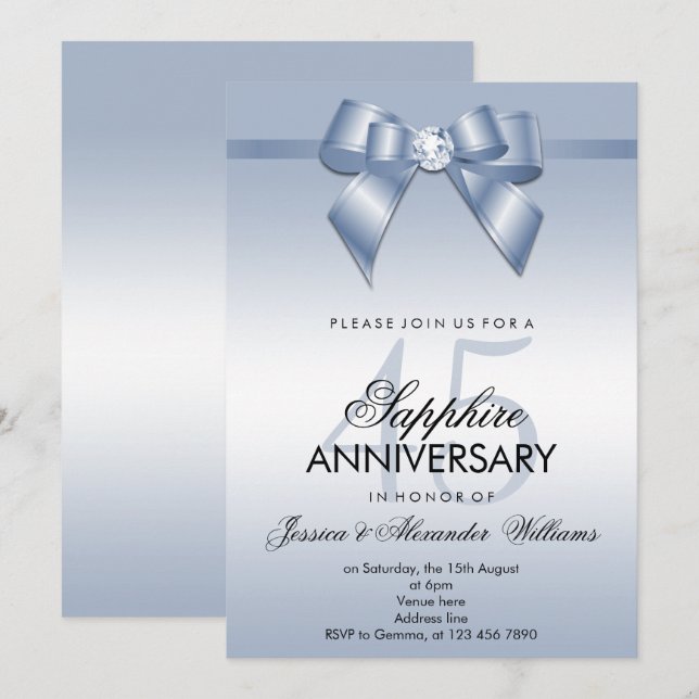 Invitación Sapphire Bow & Ribbon 45° Aniversario Boda (Anverso / Reverso)
