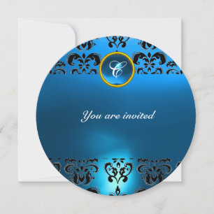 Invitación SAPPHIRE DAMASK GEM STONE MONOGRAM negro azul