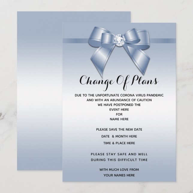 Invitación Sapphire Gem Bow & Ribbon Cambio De Plan (Anverso / Reverso)